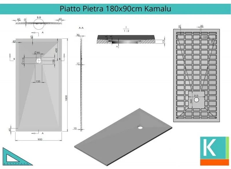 Kamalu - piatto doccia pietra 170x90 colore bianco