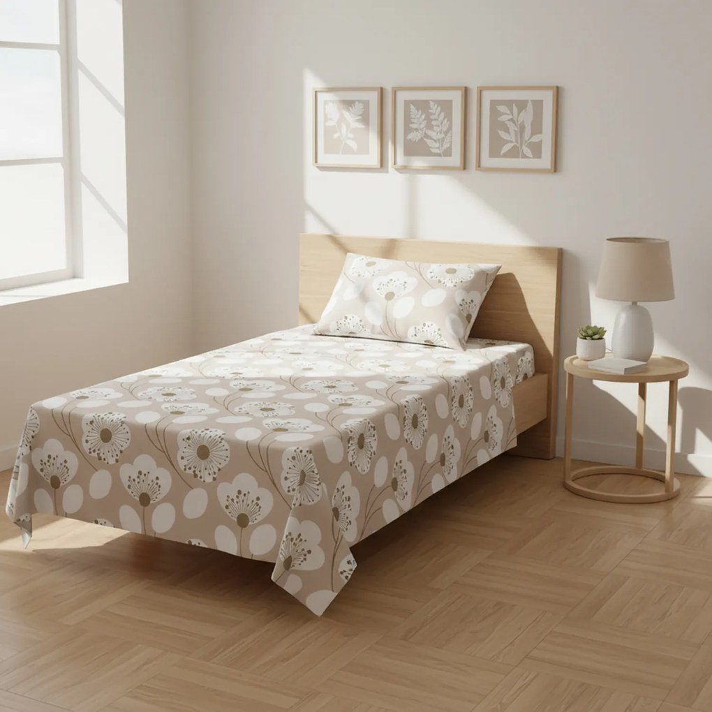 Completo letto singolo beige fiori bianchi