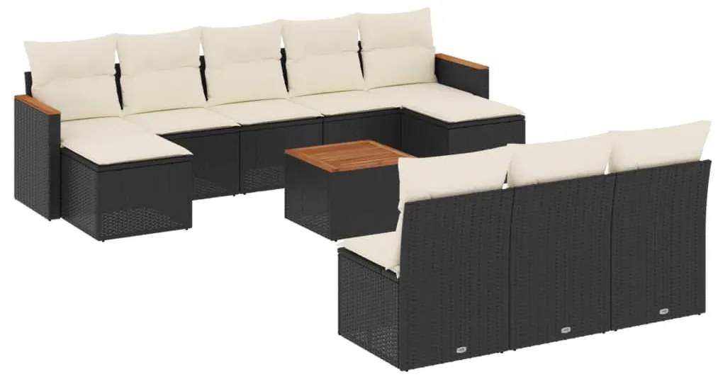 Set divani da giardino 11 pz con cuscini in polyrattan nero