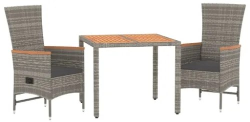 Set da Pranzo da Giardino 3 pz con Cuscini in Polyrattan Grigio