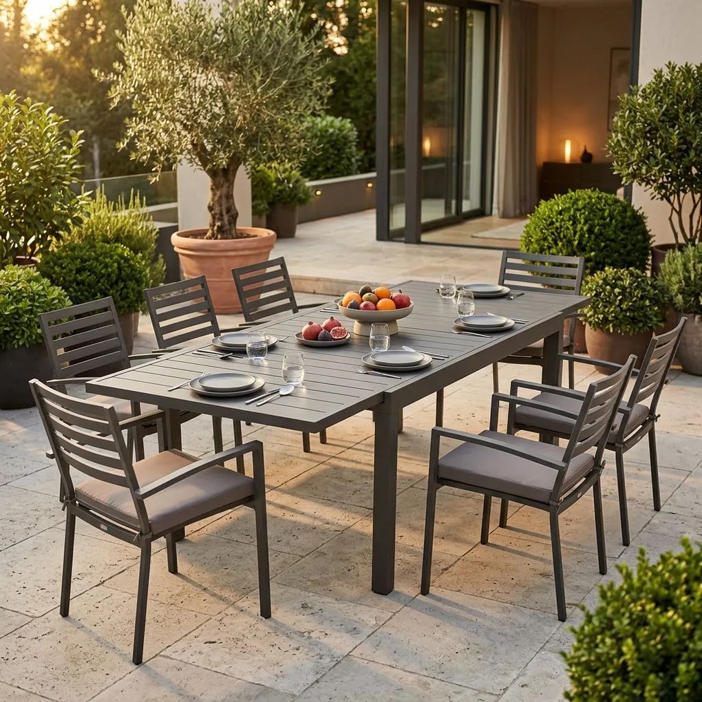 DEXTER - set tavolo in alluminio cm 160/240 x 90 x 75 h con 6 poltrone Dexter