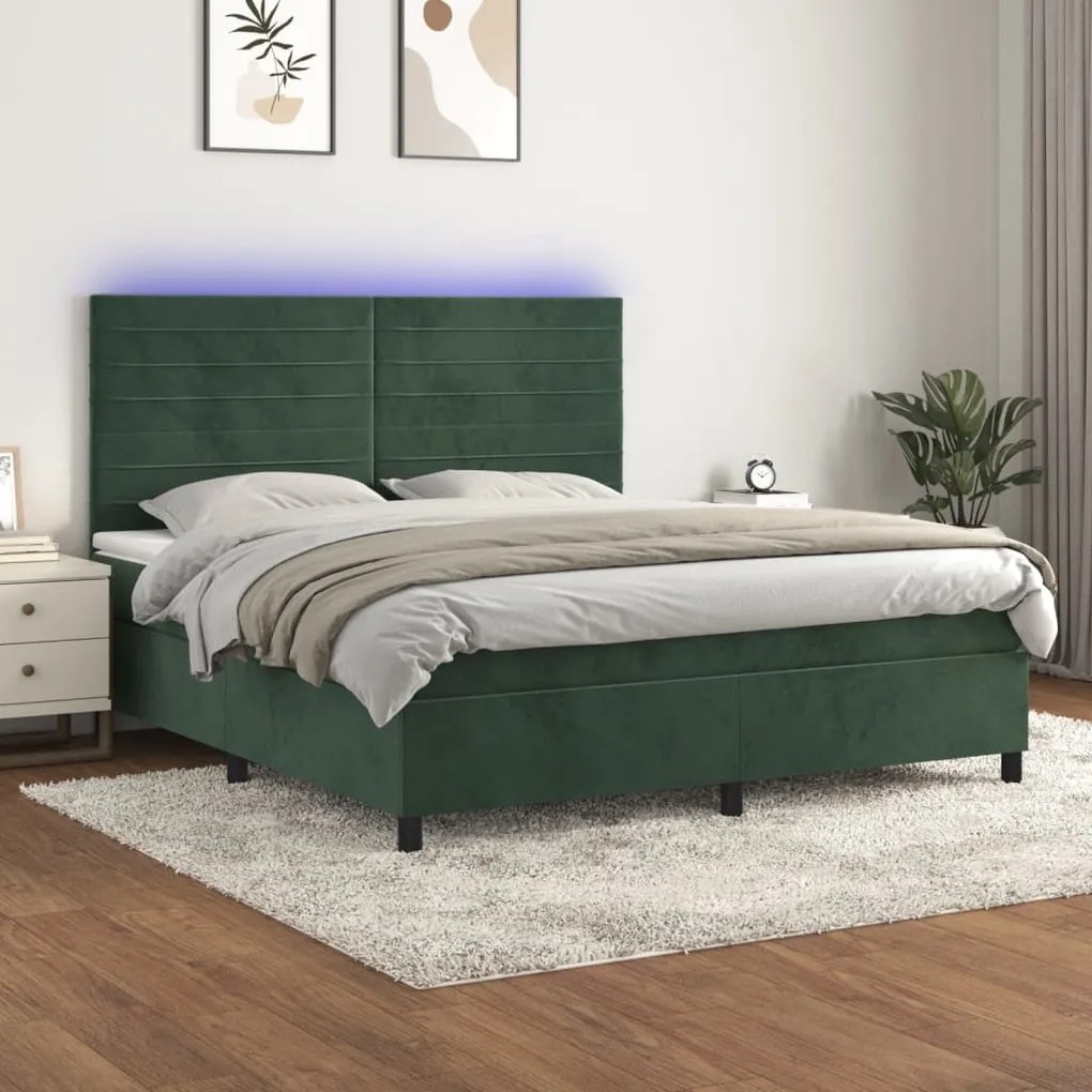 Letto A Molle Con Materasso E Led Verde Scuro 160x200cm Velluto /