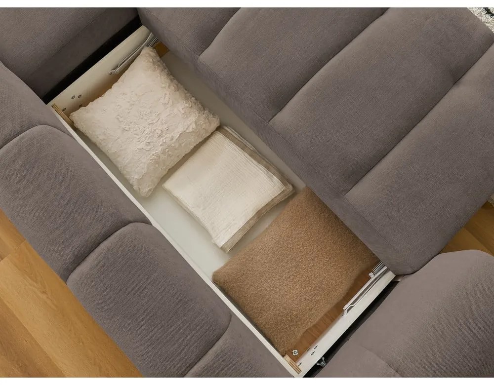 Divano angolare grigio tortora allungabile e con contenitore (penisola a destra/chaise lounge) con rivestimento in ciniglia Fuji – Bobochic Paris