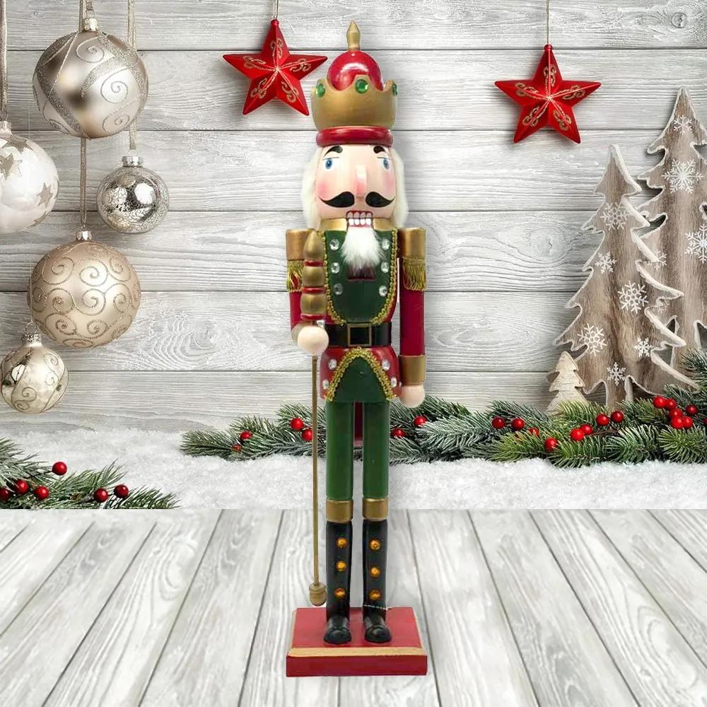 Schiaccianoci di Natale 60cm in legno Soldato con conrona e scettro di colore rosso e verde Wisdom