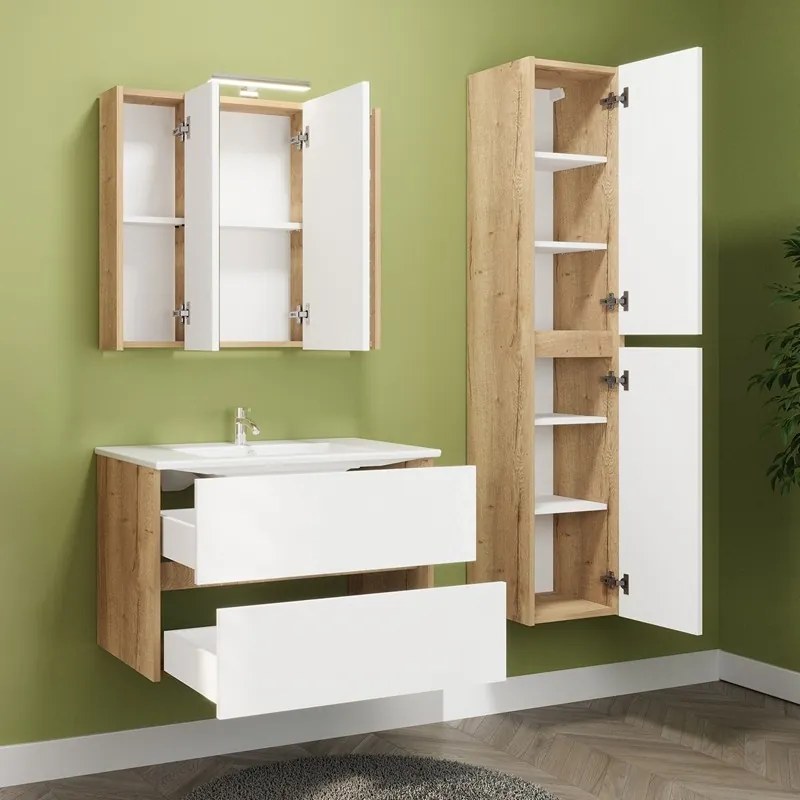 Colonna bagno sospesa 166 cm colore rovere naturale e bianco lucido | LAC-AMFI-RB - KAMALU