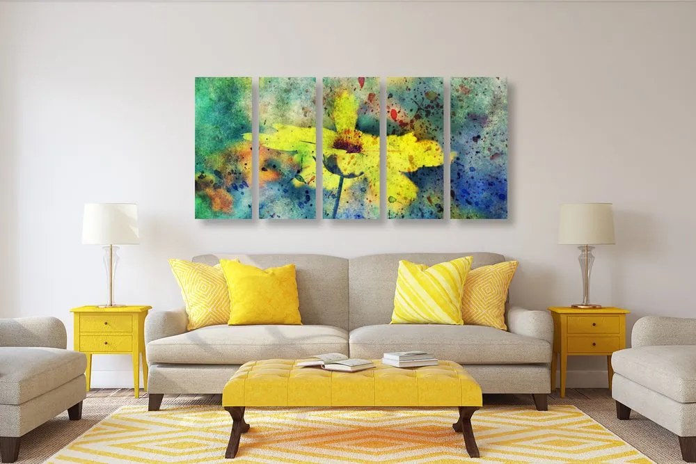 Quadri 5 pezzi – Fiore giallo con tocco vintage