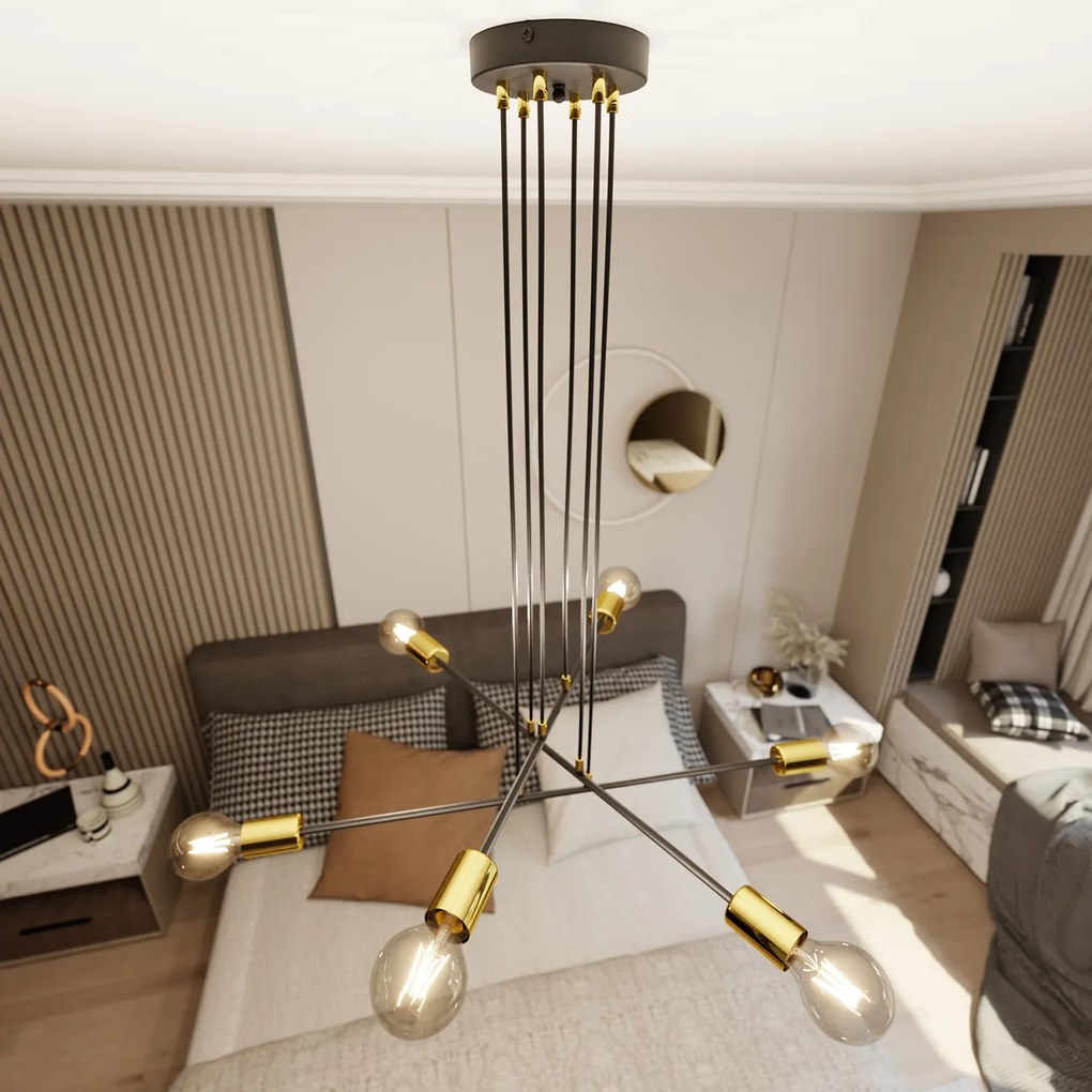 Lampadario Industrial 6 Luci Benzaiten A Bracci In Acciaio Nero E Oro