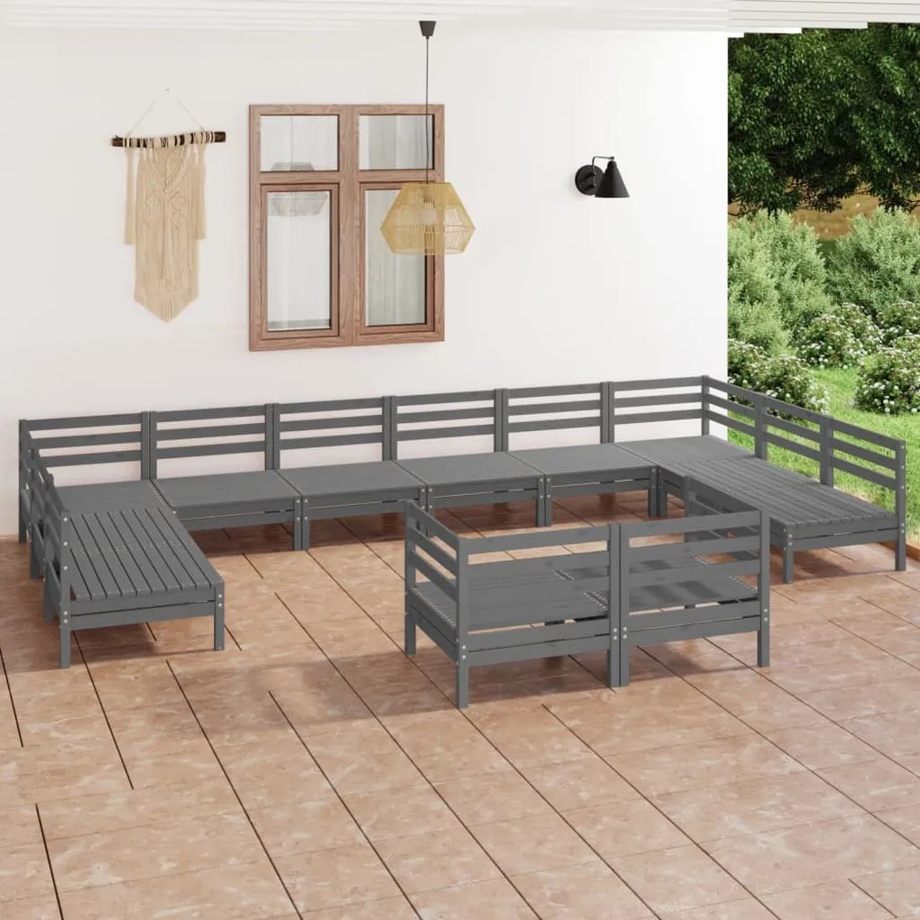 Set salotto da giardino 12 pz grigio in legno massello di pino