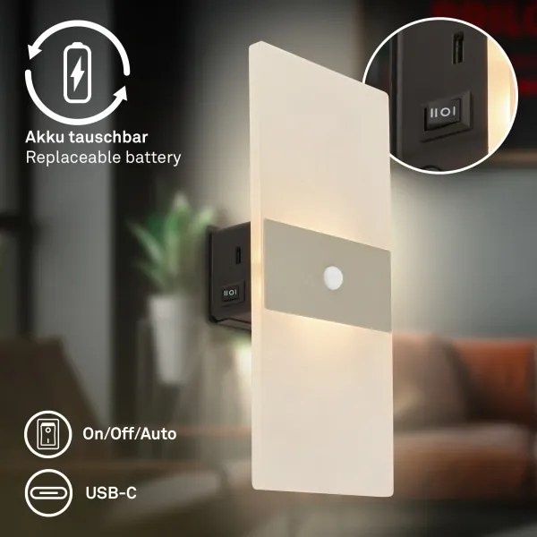 Briloner 3888012 - Lampada LED da parete ricaricabile con sensore AURA LED/2,5W/5V 1800 mAh opaca