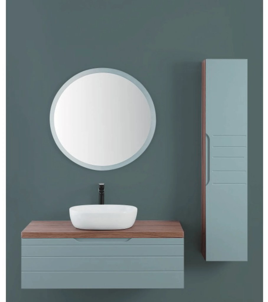 Mobile Bagno Sospeso 110 Cm Un Cassetto Tondo Serigrafato Su Telaio Diametro 80 Cm Specchio Con Illuminazione Led Feridras "Amalfi" Noce Canaletto/Verde Salvia