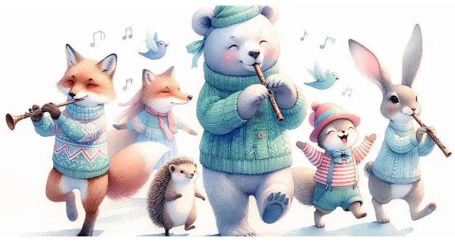 Quadro su tela – Dolci animaletti con flauti in inverno