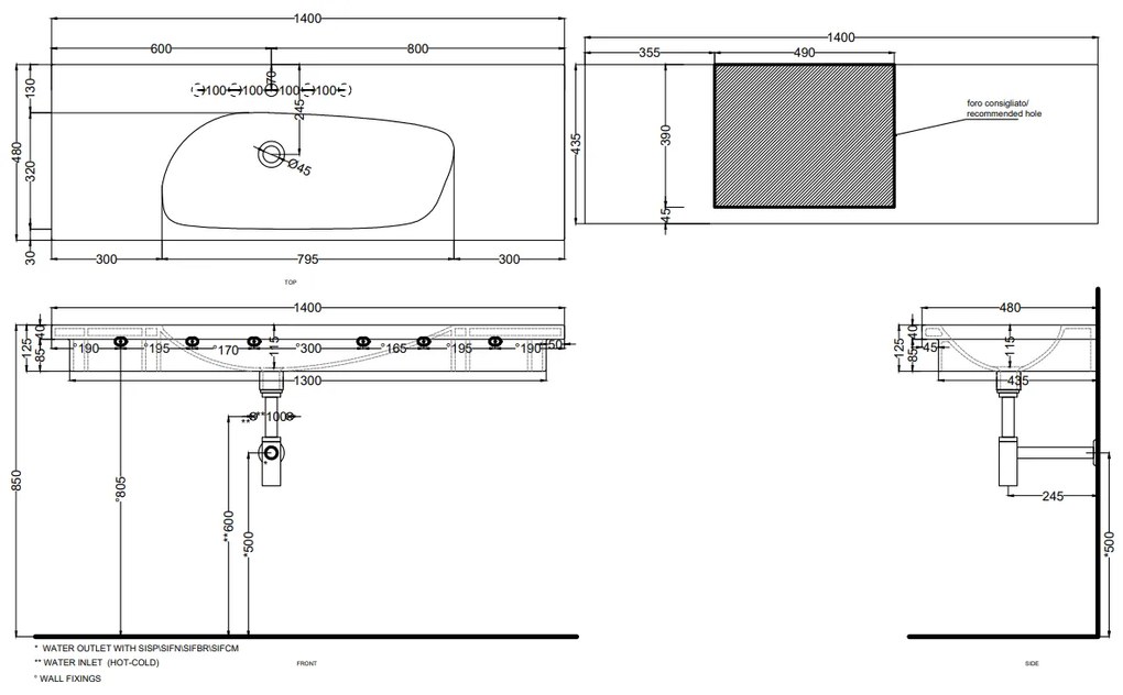 Cielo Enjoy Lavabo 140x48 Sospeso O Da Appoggio Con Piletta Click Clack In Ceramica bianco lucido