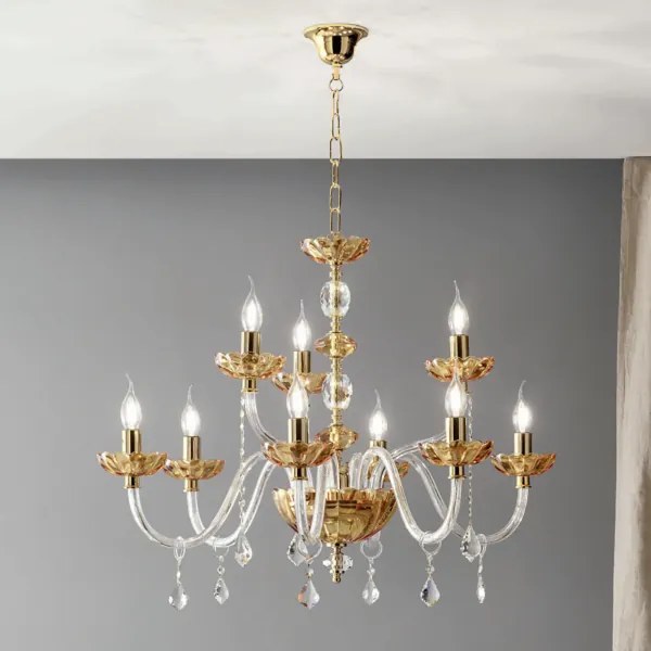 Lampada a sospensione PATRICIA in vetro e cristallo D88 cm Ambra 9 LUCI