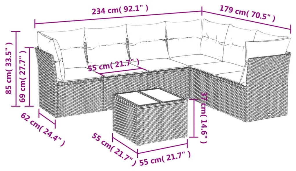Set divani da giardino 7 pz con cuscini beige in polyrattan