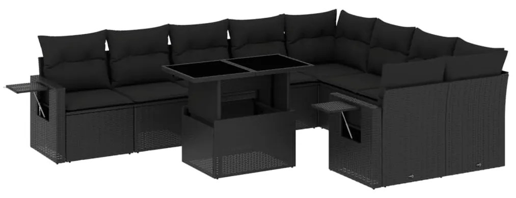 Set divani da giardino 10pz con cuscini in polyrattan nero