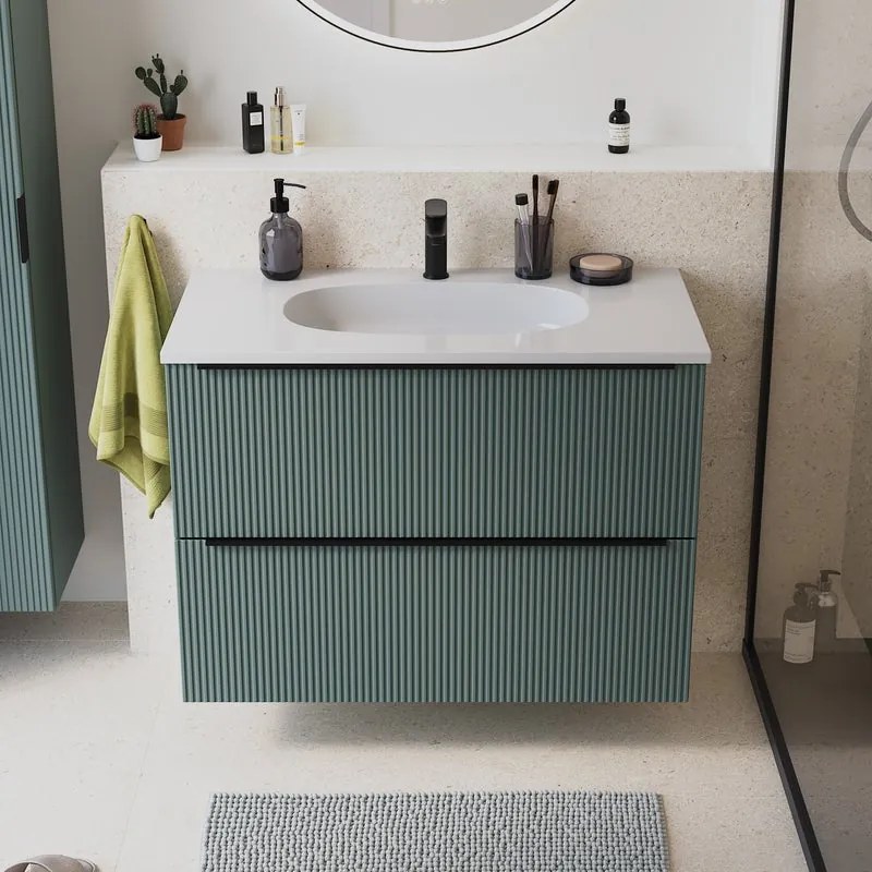 Mobile bagno sospeso Neo Groove L 91 x H 68 x P 49 cm, 2 cassetti con maniglia nero matt, lavabo in resina con vasca centrale Icone incluso, verde salvia cannettato