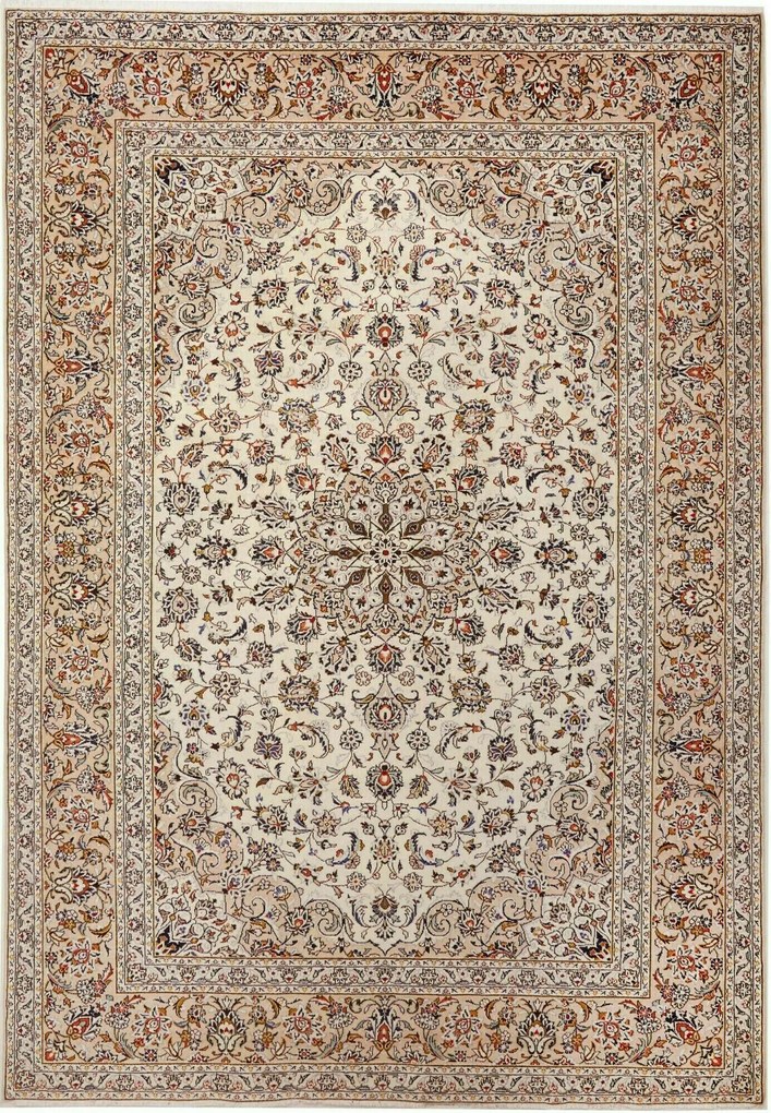 Kashan Tappeto 350x250 Beige (Iran) Annodato A Mano