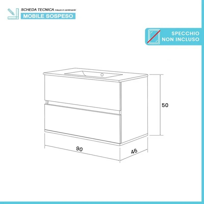 Mobile bagno sospeso 90 cm rovere bianco completo con lavabo Nadia