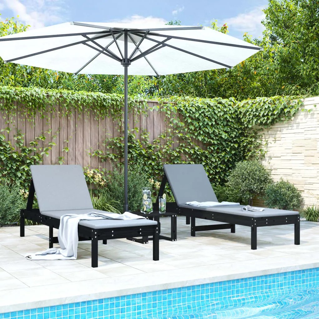 Lettini Prendisole 2pz Neri 199,5x60x74 Cm Legno Massello Pino /
