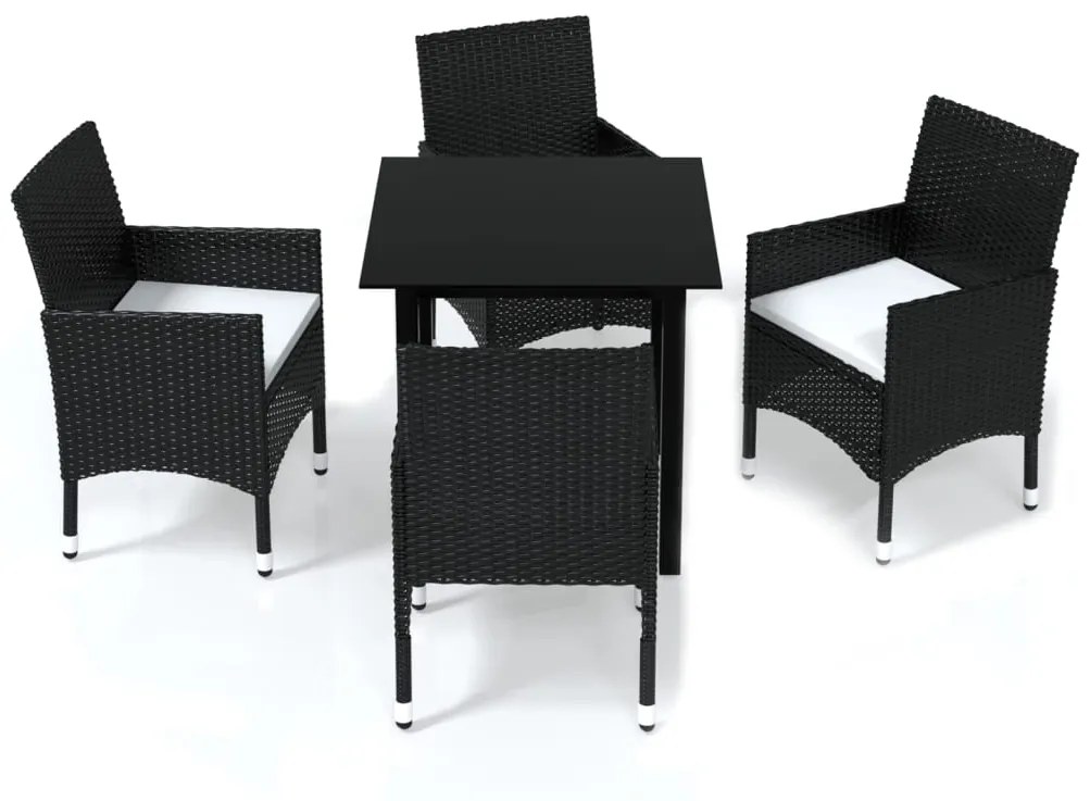 Set da pranzo per giardino 5 pz con cuscini in polyrattan nero