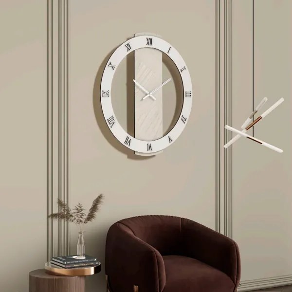 Orologio SCOTT rotondo D60 cm in legno rivestito con parato e dettagli Argento