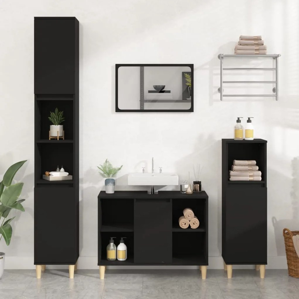 Set mobili da bagno 3 pz nero in legno multistrato