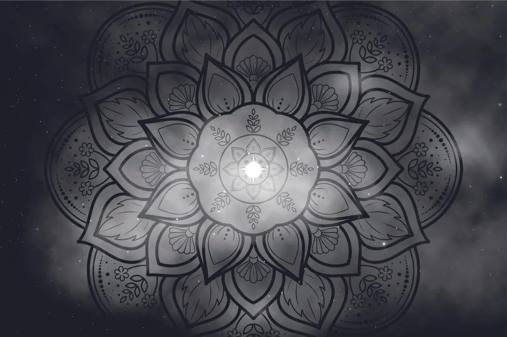 Carta da parati – Mandala in bianco e nero con sfondo galassia