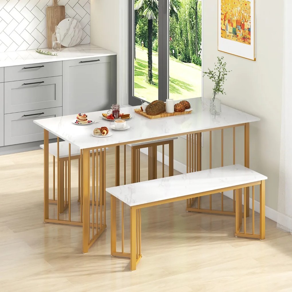 Costway Set di tavolo da pranzo moderno con 4 posti, Tavolo da cucina rettangolare con panca e 2 sgabelli Bianco