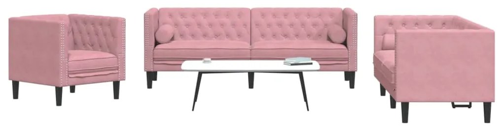Set Divani Chesterfield 3pz Con Cuscini Rosa Velluto /