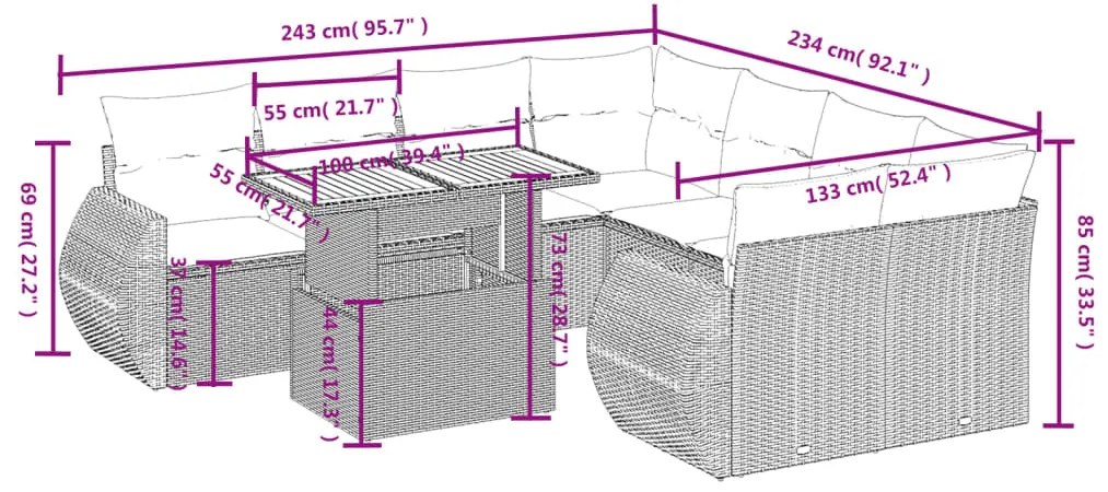 Set divani da giardino 9 pz con cuscini nero in polyrattan