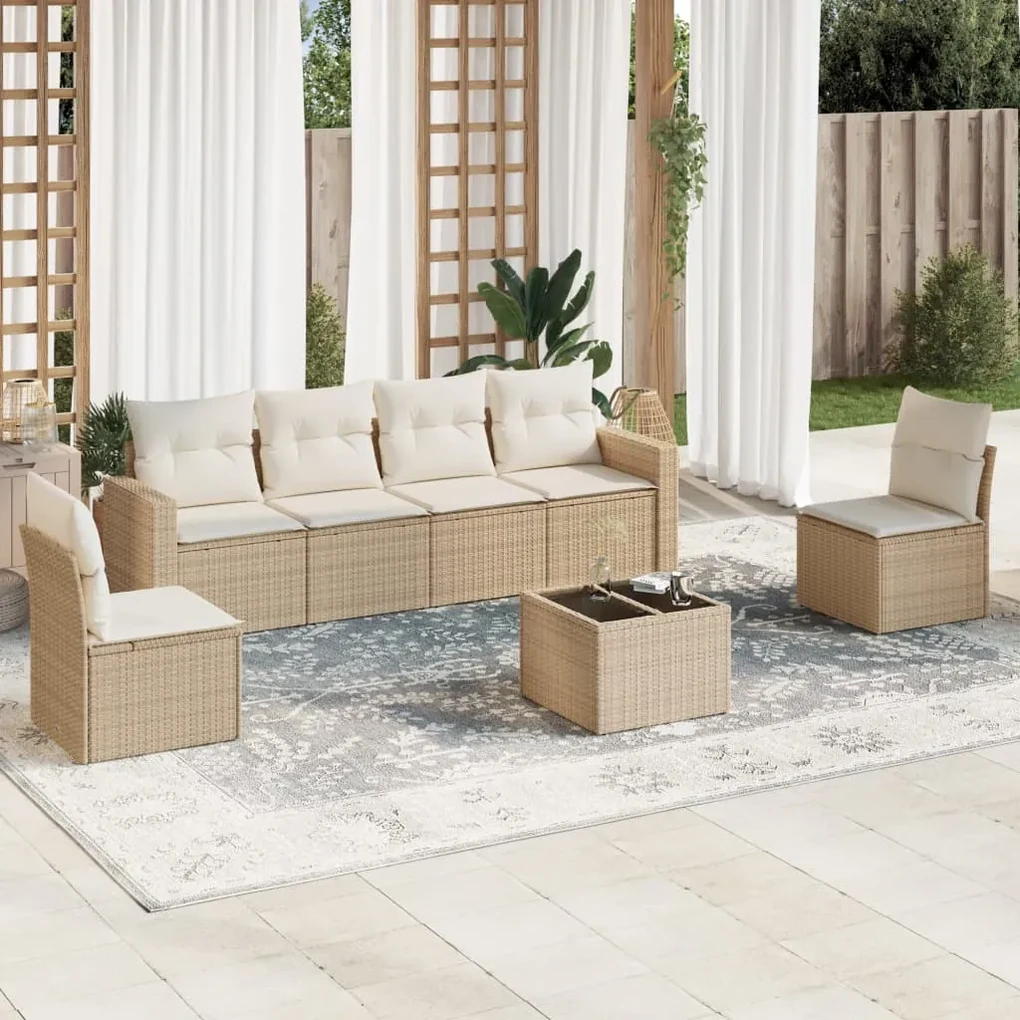 Set divani da giardino 7 pz con cuscini beige in polyrattan