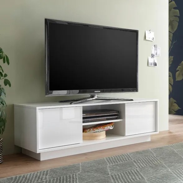 Mobile TV Da Terra 140x43x44 Con 2 Ante E Vano Decoder Ice Bianco Lucido