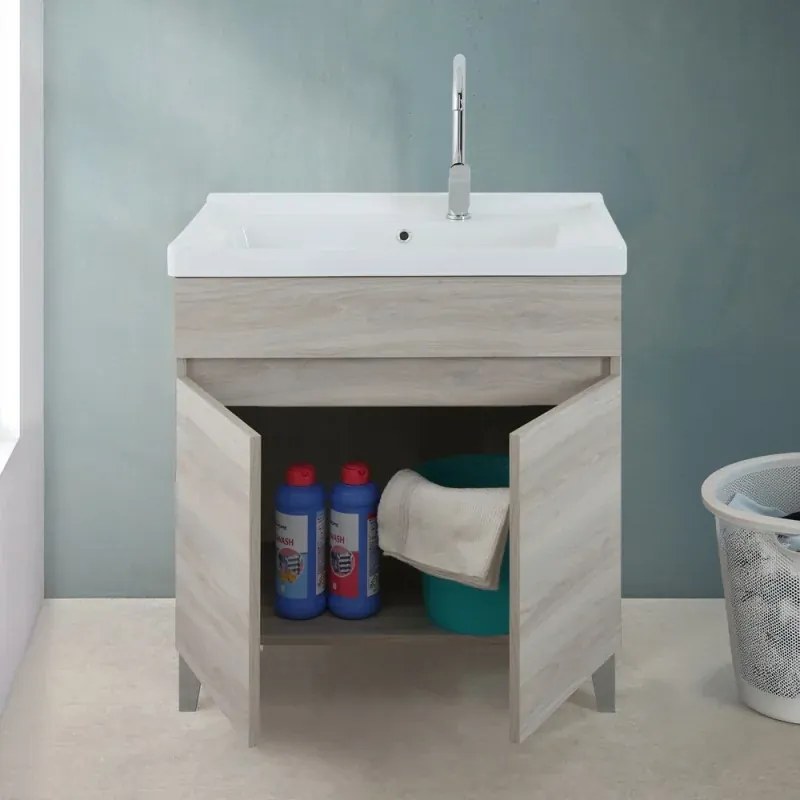 Mobile lavatoio 79x46,8 cm rovere grigio con vasca in ceramica bianca