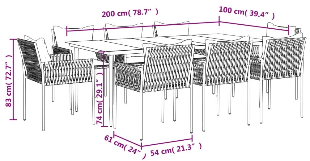 Set Pranzo da Giardino 9 pz con Cuscini in Polyrattan e Acciaio