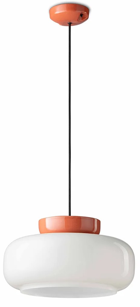 Sospensione Vintage Decò Maracana Vetro-Ceramica Bianco-Arancio 1 Luce E27