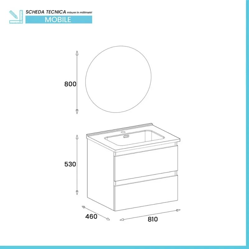 Mobile bagno sospeso 80 cm in legno quercia naturale 2 cassettoni con lavabo e specchio Leda