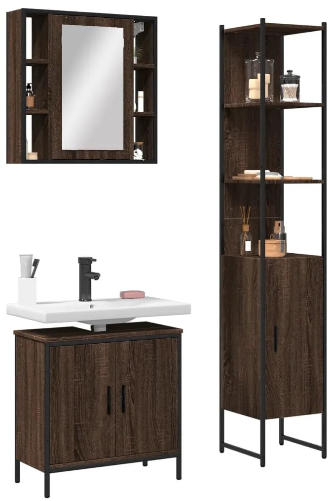 Set Mobili Da Bagno 3 Pz Rovere Marrone İn Legno Multistrato /