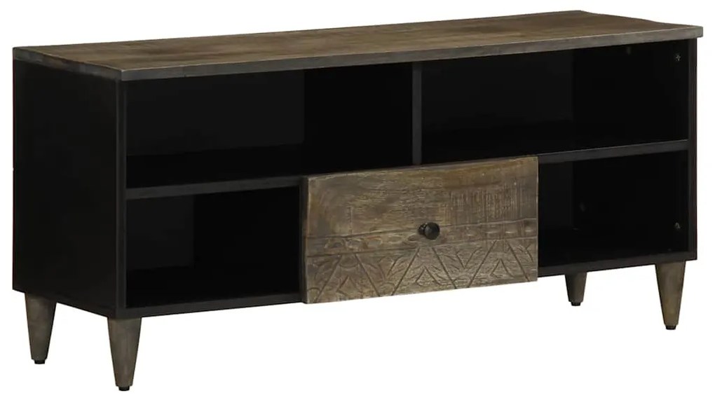 Mobile Porta Tv Nero 100x33x46 Cm İn Legno Massello Di Mango /