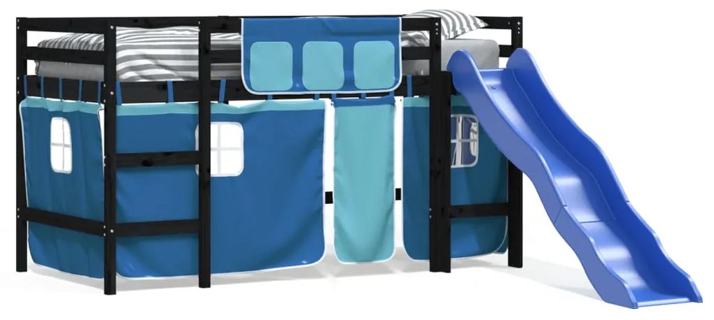 Letto a soppalco con tende bambini blu 80x200 cm massello pino