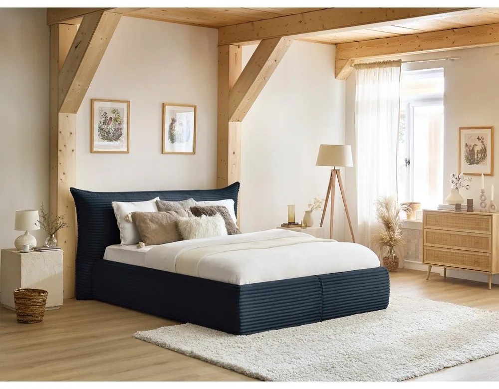 Letto matrimoniale in blu scuro imbottito con spazio contenitivo con griglia inclusa 160x200 cm Jade – Bobochic Paris