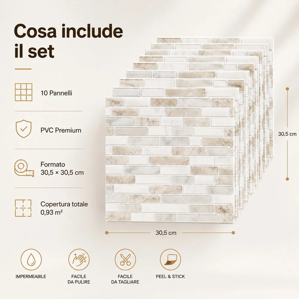 Set 10 Pannelli Adesivi Piastrelle da Parete 30,5 cm Decoro Mosaico Mattoncini in PVC Beige...