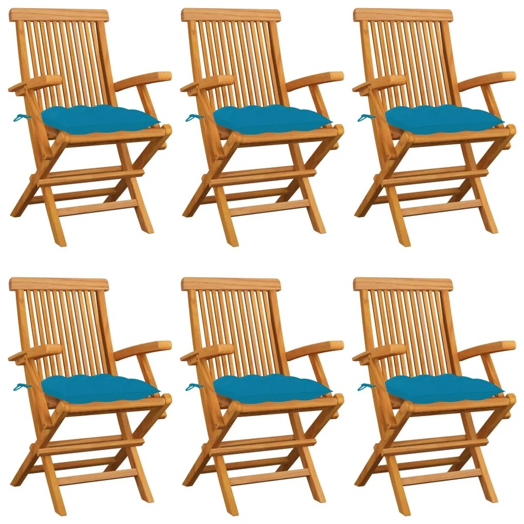 Sedie da giardino con cuscini azzurri 6 pz legno massello teak