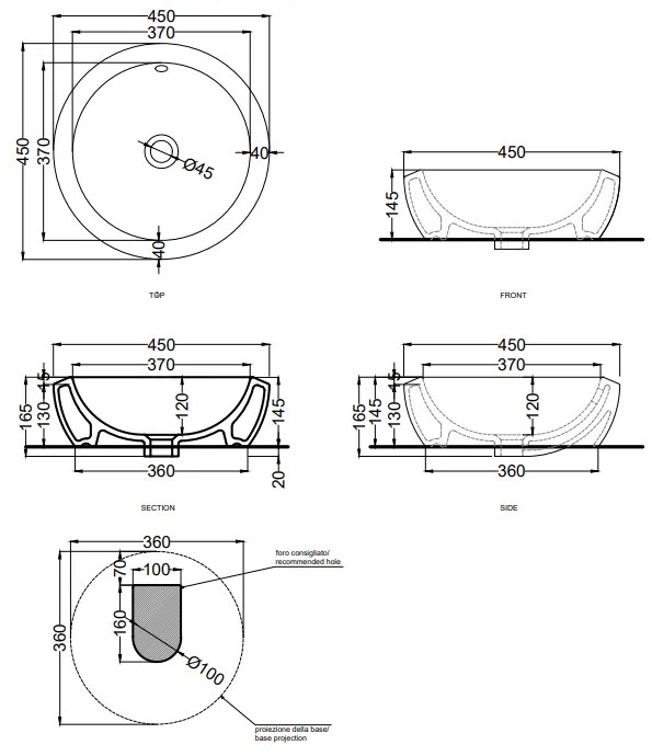 Cielo Fluid Lavabo 45 Cm Da Appoggio Senza Foro Con Troppopieno Nero Lucido