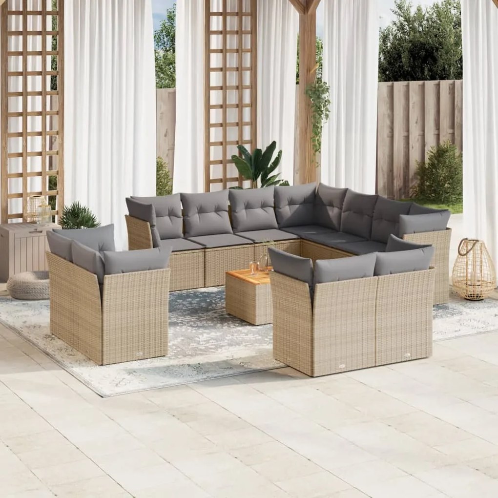 Set Divano da Giardino 12 pz con Cuscini Beige Misto Polyrattan