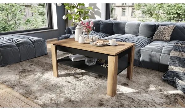 Tavolino pieghevole con piano sollevabile con mensola ADEN quercia/nero