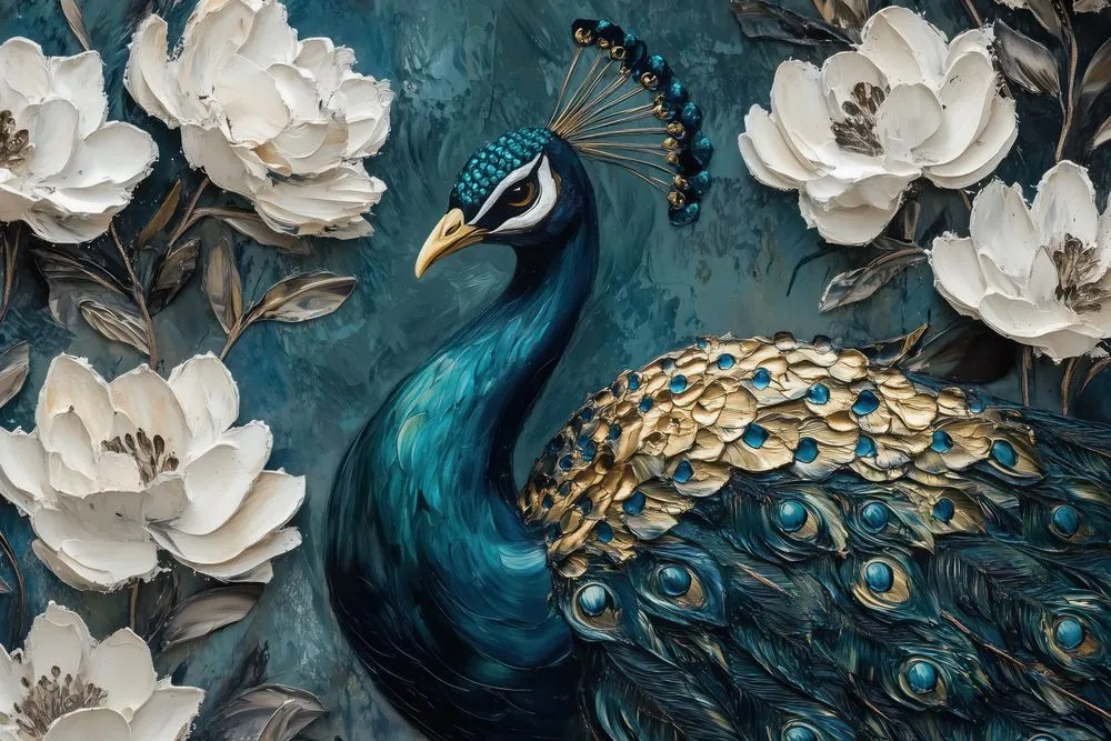 Quadro su tela – Ritratto di pavone tra i fiori