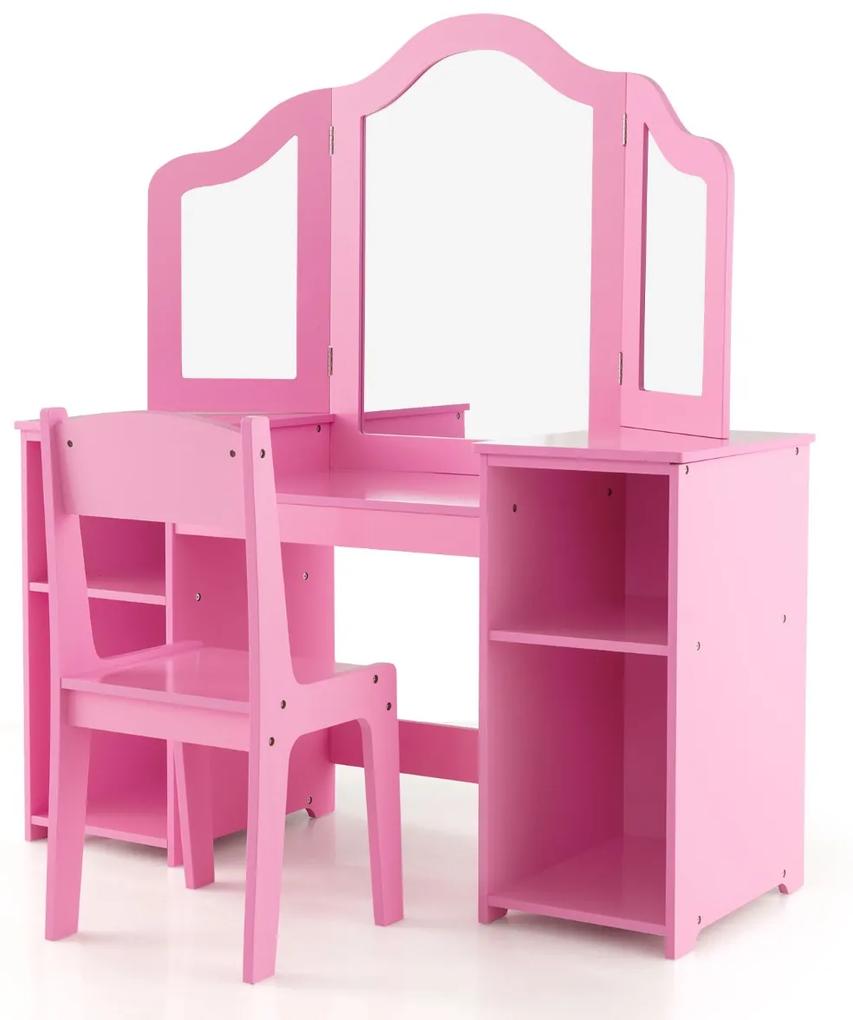 Costway Set tavolo da trucco sedia per bambini con specchio a 3 ante rimovibile, Set 2-in-1 di vanità per ragazze 2 Colori