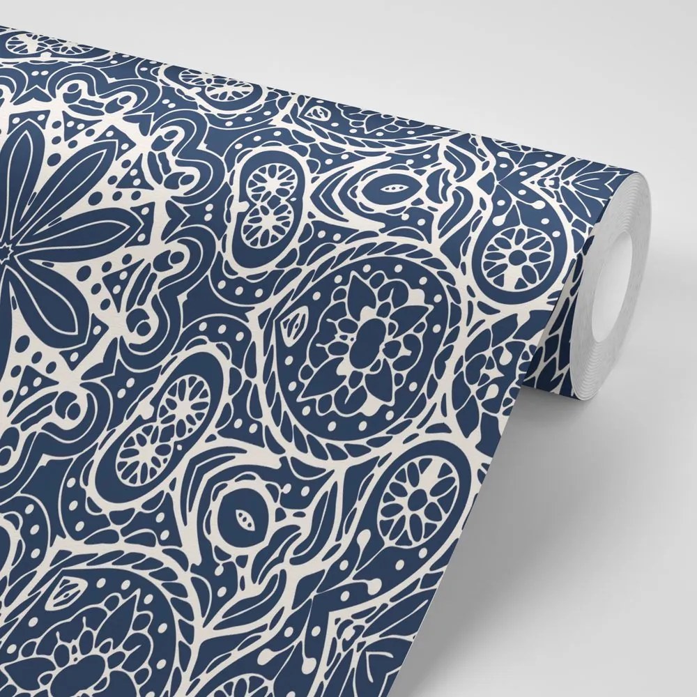 Carta da parati – Mandala bianca su sfondo blu