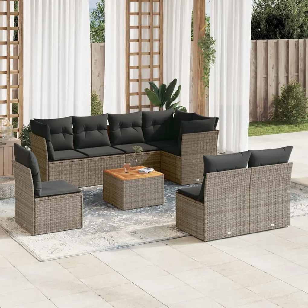 Set divano da giardino 9 pz con cuscini grigio in polyrattan