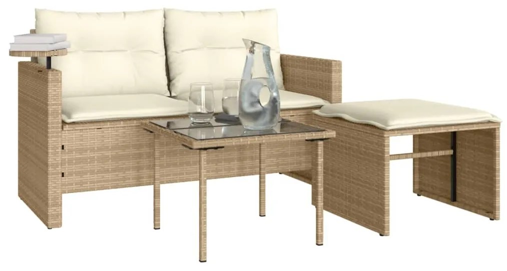 Set divano da giardino 3 pz con cuscini beige in polyrattan
